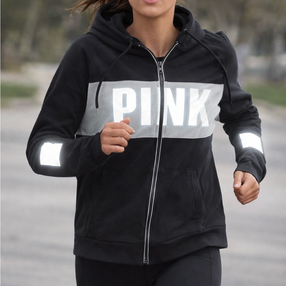 Victoria's Secret Black and White Zip-Up Reflective Hoodie Sz M (22”PTP)